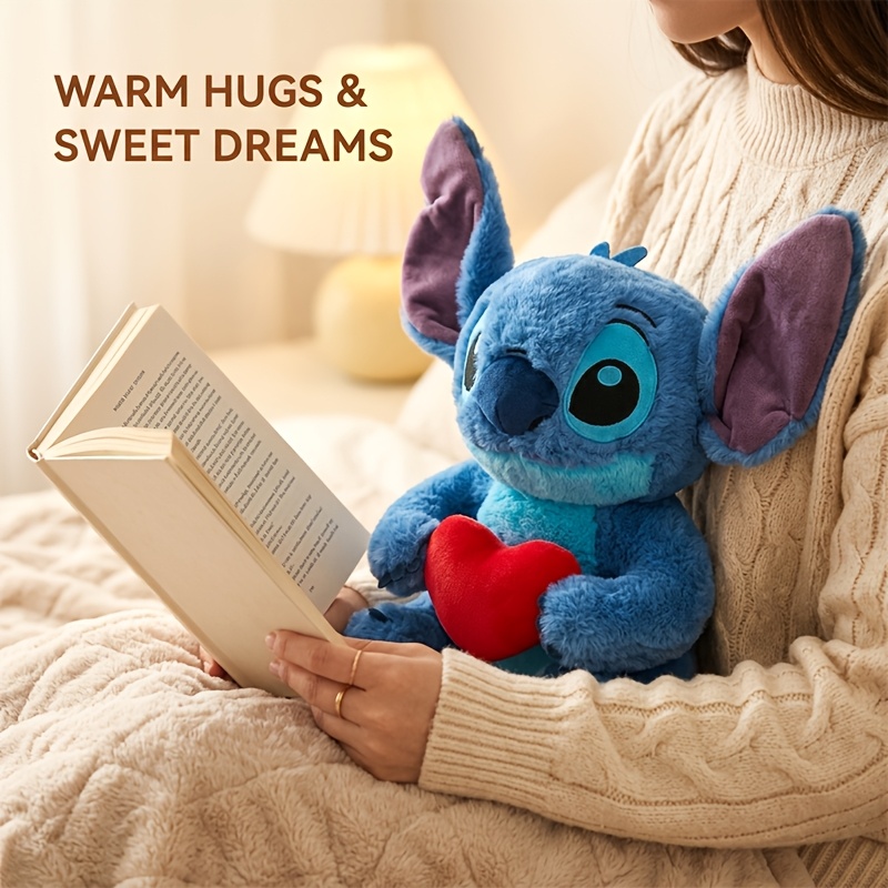 Stitch heart plush held close while reading a book